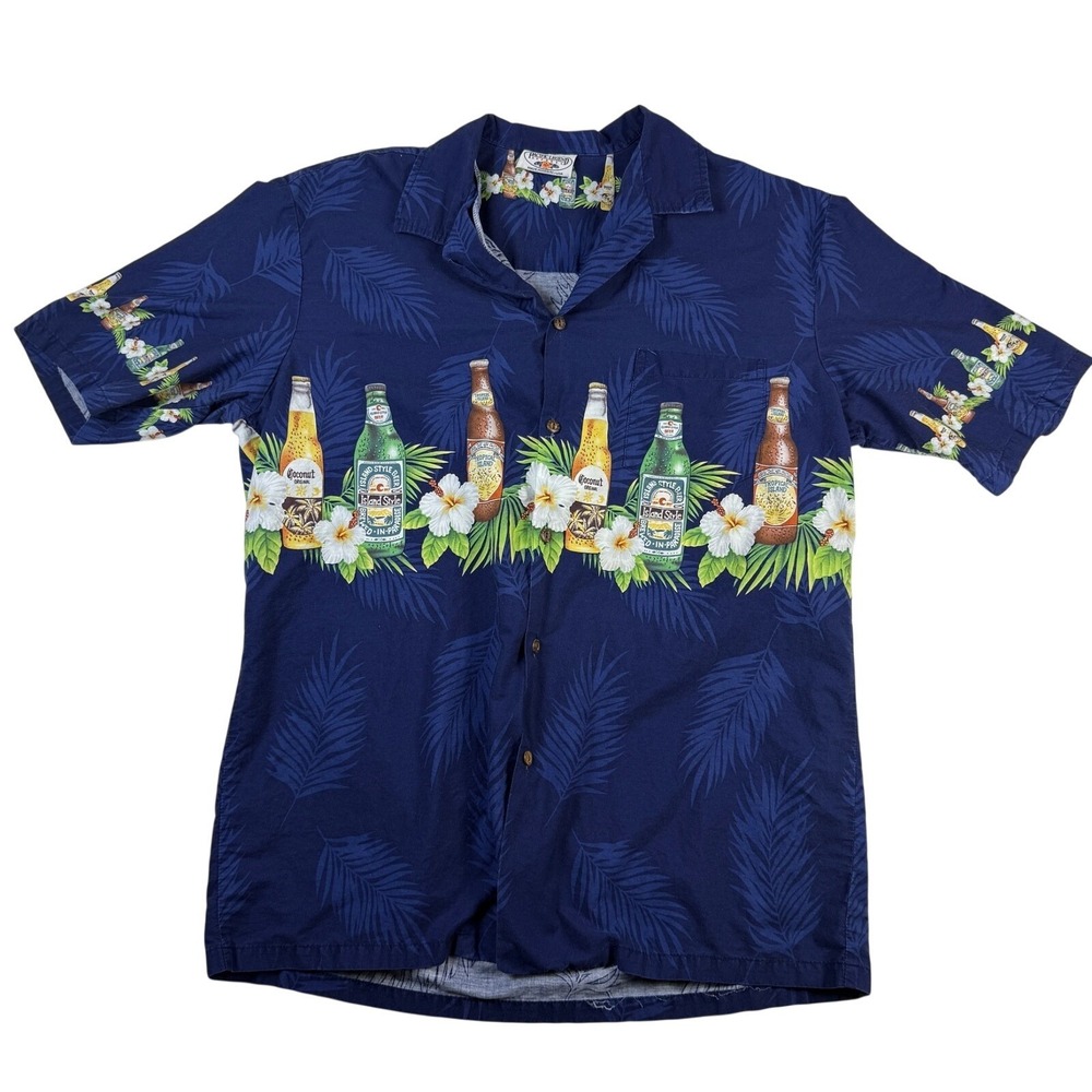 Pacific Legend Hawaiian Shirt Mens XL Blue Beer Bottle Hibiscus Floral